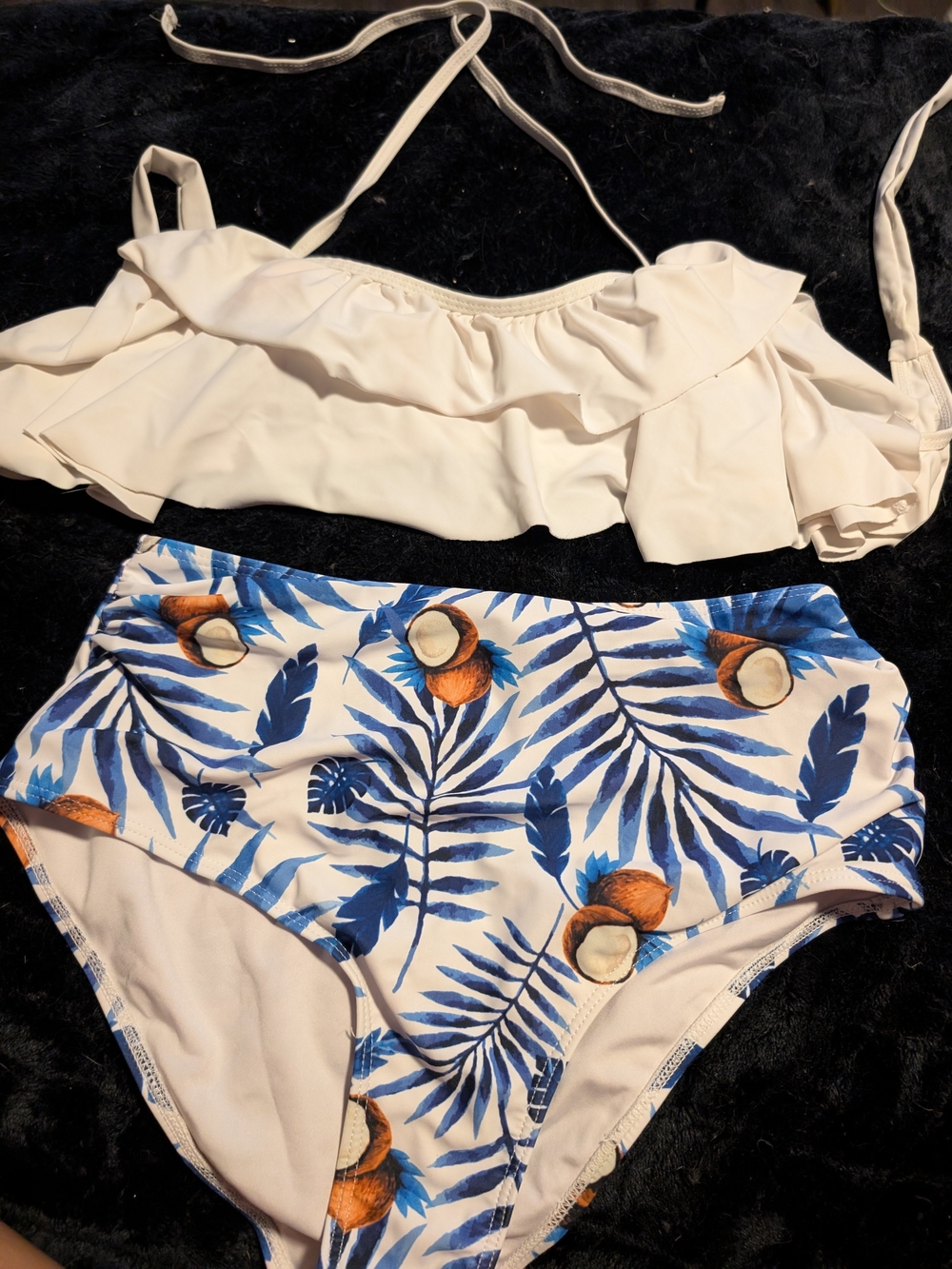 High-Waist Ruffle Bikini Set in Cream and Blue